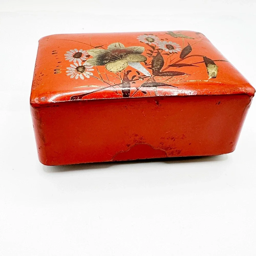 Vintage Red Lacquer Trinket Box‎ Floral Bird Oriental Design Gift Box Jewelry